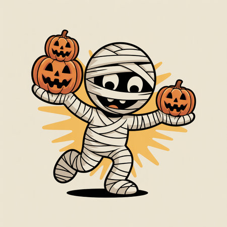 Playful Halloween vector illustration of a happy mummy loosely wrapped in beige bandages, balancing three small carved pumpkins on its arms. Slightly wobbly yet cheerful, this funの素材
