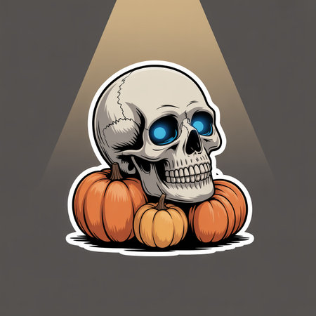 A simple yet striking vector illustration perfect for your Halloween projects. Featuring a stylized skull with neon glowing eyes resting atop a small stack of pumpkins, this designの素材