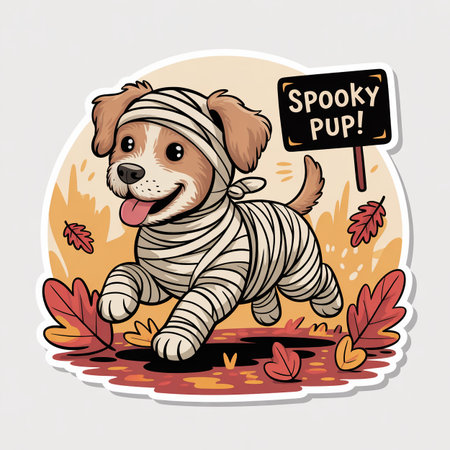 Vector illustration of a dog dressed as a tiny mummy, joyfully running through scattered autumn leaves. Rendered in a clean, simple vector style, perfect for Halloween-themed desigの素材