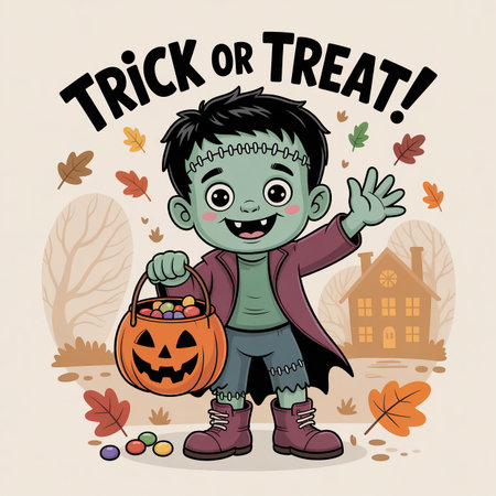 Vector illustration of a young boy dressed as a tiny Frankenstein, holding a pumpkin bucket brimming with candy and grinning joyfully. Rendered in a simple, clean vector style, perの素材