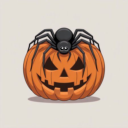 This simple vector illustration captures a creepy yet detailed Halloween scene of a spider crawling over the surface of a carved jack-o-lantern, casting a soft shadow. The isolatedの素材