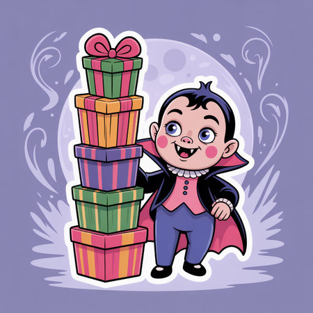 Playful Halloween vector illustration of a plump vampire child balancing a stack of candy boxes while smiling mischievously. This fun and whimsical design captures the joy of trickの素材
