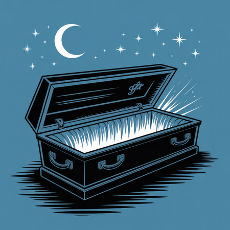 This minimalist vector illustration depicts a coffin slightly ajar, with an ethereal, glowing light spilling forth into a moonlit night. The design masterfully uses subtle shadowsの素材
