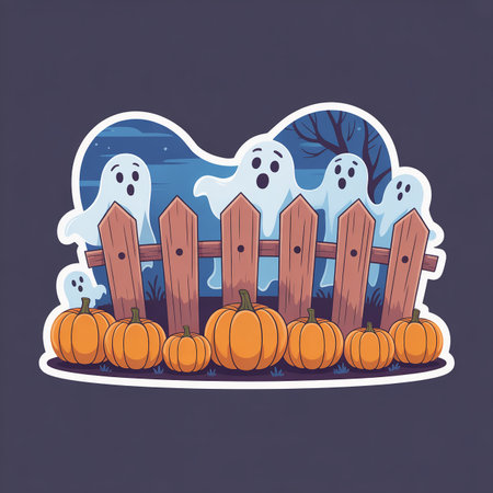 This vector illustration shows a crooked Halloween fence with tiny ghosts floating behind it and pumpkins lined along the base. The simple style with bold shapes and a playful spooの素材