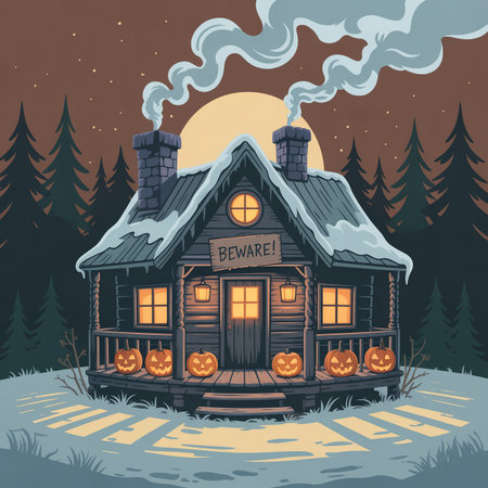 This vector illustration shows a small haunted cabin with smoke rising from the chimney and glowing jack-o-lanterns lighting up the porch. The clean, simple style with bold colorsの素材