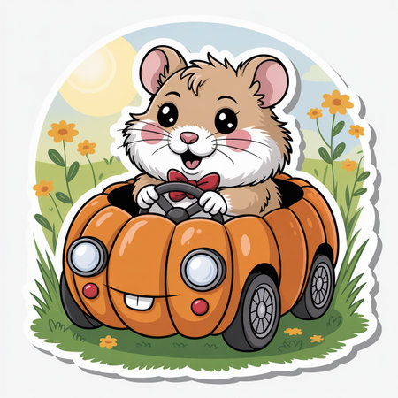 Hamster Driving Pumpkin Car Vector Illustrationの素材