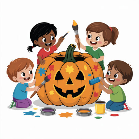Playful Halloween vector illustration of children decorating a giant pumpkin with paint and stickers scattered around. This simple, colorful design captures the fun and creativityの素材