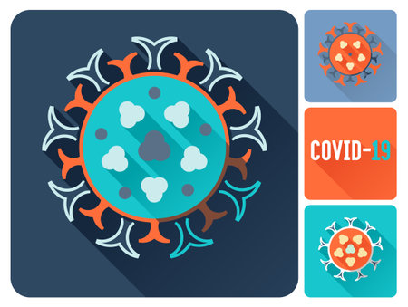COVID-19 Coronavirus infection flat long shadow icons set. Design elements with stylized virus vector illustrations.のイラスト素材