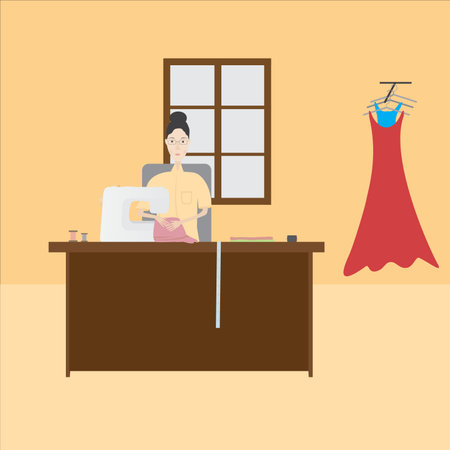 seamstress sews clothes on a light backgroundのイラスト素材
