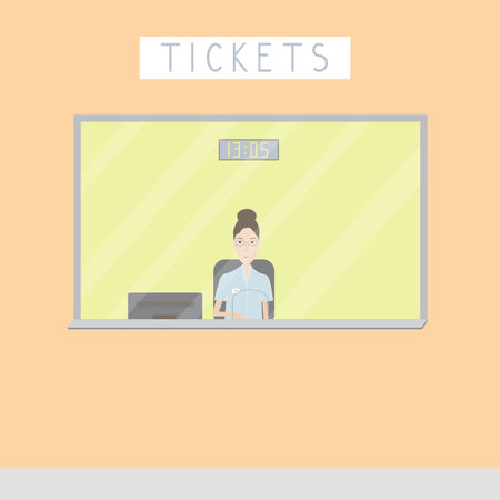 girl selling tickets at the box office on a light backgroundのイラスト素材