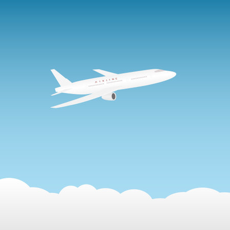 white airplane on a background of blue sky and cloudsのイラスト素材