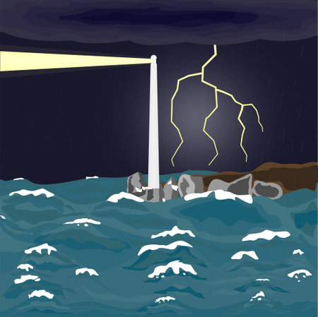 lighthouse on the dark background with lightningのイラスト素材