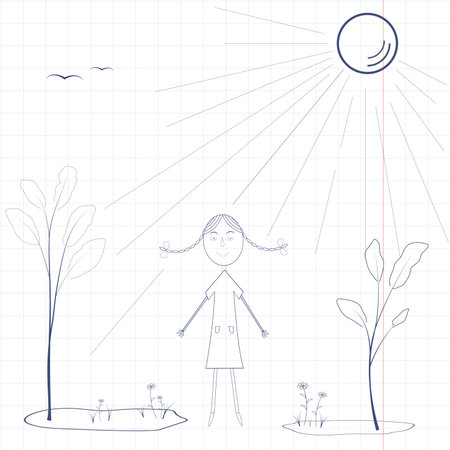 simple hildren drawing in school notebook, summer landscapeのイラスト素材