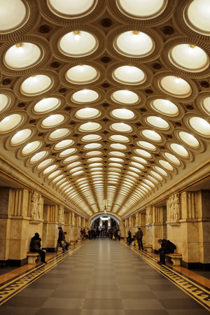 Central hall of the deep-level Elektrozavodskaya metro station. Moscow, Russiaのeditorial素材