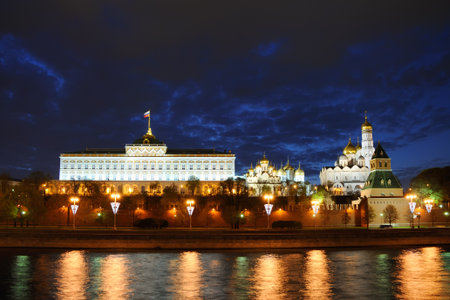 MOSCOW, RUSSIA - Twilight Skies Over Illuminated Moscow Kremlin. Beautiful cityscape of the Kremlin.のeditorial素材