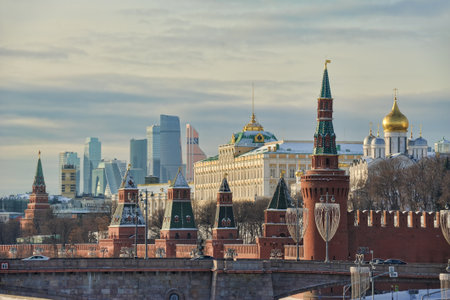 MOSCOW, RUSSIA - Old Kremlin Against Modern Moskva-City in Winter. International Business Centerのeditorial素材