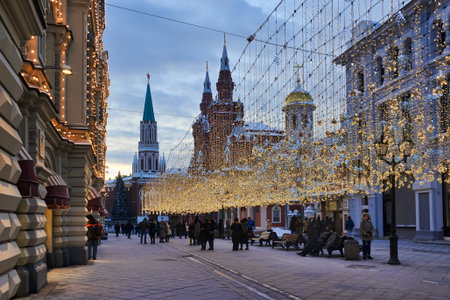 MOSCOW, RUSSIA - Lights of Pedestrian Nikolskaya Street in Twilight. GUM mall (at the left) on the streetのeditorial素材