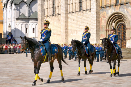 MOSCOW, RUSSIA - May 03, 2008Cavalry in old tsarist uniform ride majestically on beautiful horses...