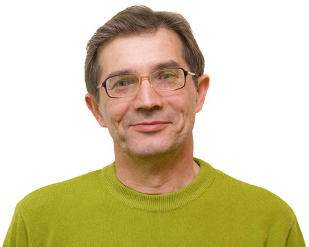A smiling man on a white background in a green jacketの写真素材