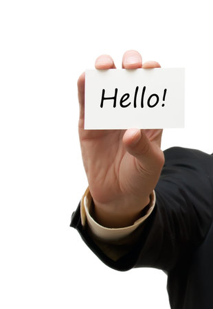 Business man handing a welcome business card over white backgroundの写真素材