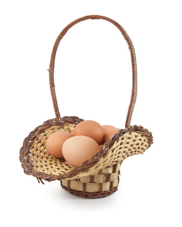 Easter eggs in brown basket on a white backgroundの写真素材