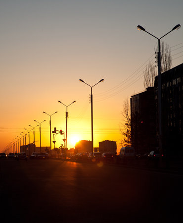 Urban sunset on the highwayの写真素材