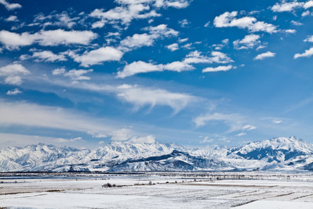 Panoramic landscape of snowy mountainsの写真素材