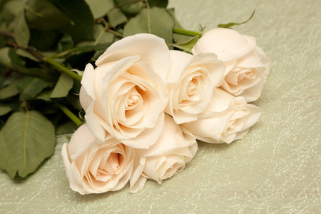 White rose bouquet isolated on green tableclothの写真素材