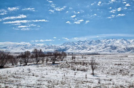 Panoramic landscape of snowy mountains in the springの写真素材
