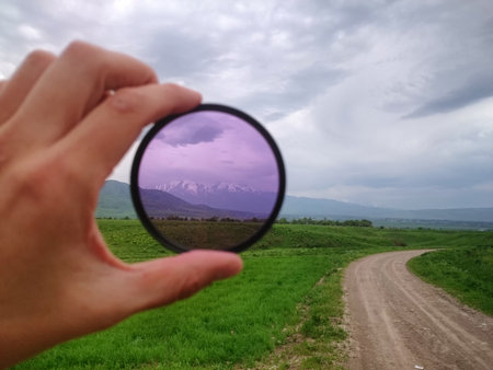 Landscape through a filter in handの写真素材