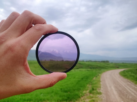 Landscape through a filter in handの写真素材