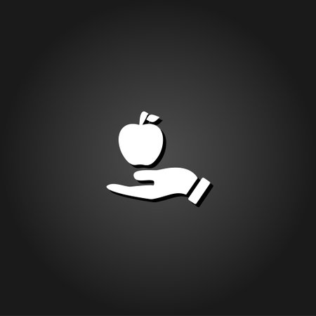 Apple in hand icon flat. Simple White pictogram on black background with shadow. Vector illustration symbolのイラスト素材