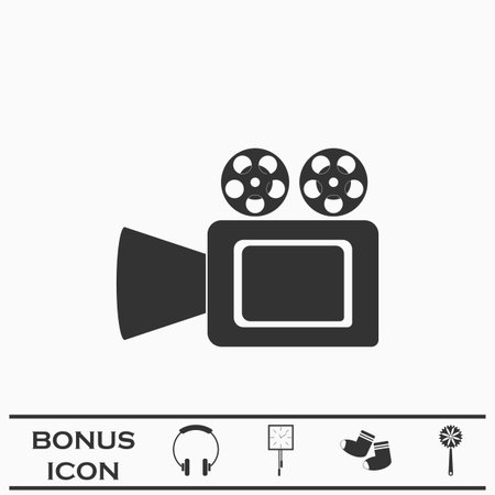 Cinema camera icon flat. Black icon on white background. Vector illustration symbol and bonus buttonのイラスト素材