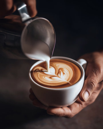 Barista pouring milk on a cup of latte art coffee.の素材