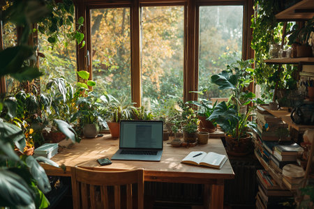 Home office desk for remote work with laptop, notebook, and indoor plants in eco-friendly setup.の素材