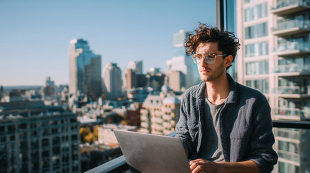 Freelancer digital nomad on balcony with laptop overlooking urban skyline, flexible work lifestyle.の素材