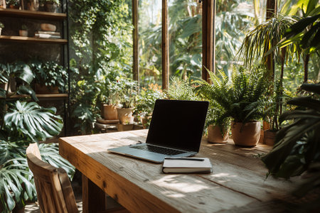 Remote work desk with laptop, notebook, and indoor plants in eco-friendly workspace with daylight.の素材