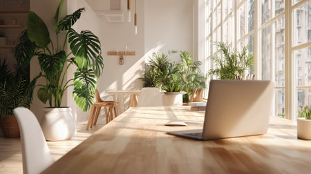Eco-friendly modern office with indoor plants and wooden desk in bright daylight.の素材