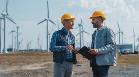 Corporate executives reviewing renewable energy project at wind farm with turbines.の素材