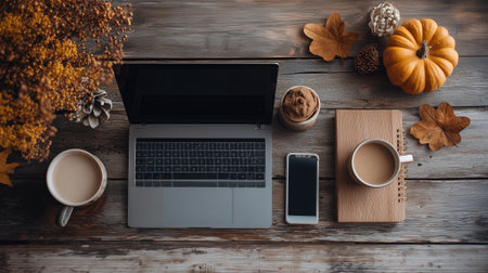 Autumn office desk flat lay with laptop, coffee mug, and pumpkin decor.の素材