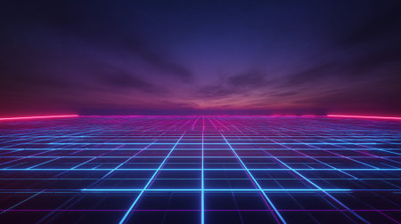 Modern UI background with neon grid horizon glowing magenta and cyan.の素材