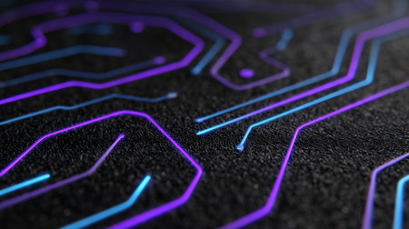 Glowing electric circuit pattern in blue and violet light over dark surface.の素材