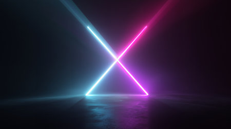 Cyber energy flow abstract with crossing neon lines in blue and pink glow.の素材