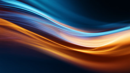 Cinematic abstract with blue and orange light waves and smooth motion blur.の素材