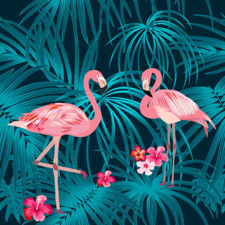 Tropical plant seamless pattern, pink flamingo and  tropical leaves of palm tree. Vector background.のイラスト素材