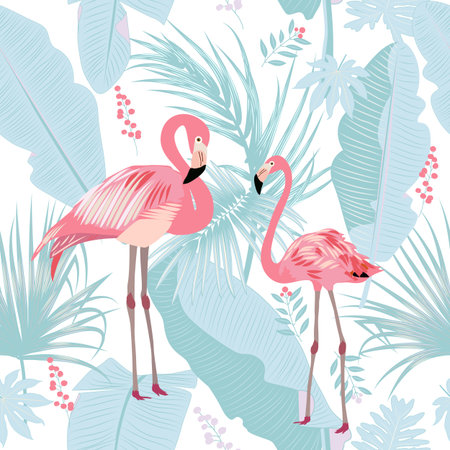 Seamless pattern of flamingo, leaves monstera. Tropical leaves of palm tree and flowers. Vector background.のイラスト素材
