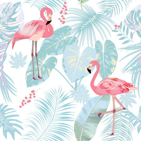 Seamless pattern of flamingo, leaves monstera. Tropical leaves of palm tree and flowers. Vector background.のイラスト素材