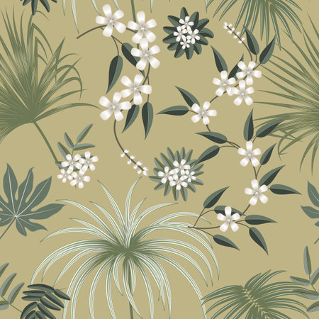 Vector tropical seamless pattern in olive green colors. Botany design. Can be used for brochure template, poster, wedding invitation or card design with jungle leaves for cosmetics, spa, beauty salon.のイラスト素材