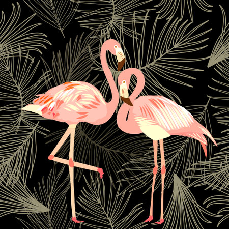 Seamless pattern of flamingo, leaves monstera. Tropical leaves of palm tree and flowers. Vector background.のイラスト素材
