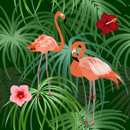 Seamless pattern of flamingo, leaves monstera. Tropical leaves of palm tree and flowers. Vector background.のイラスト素材